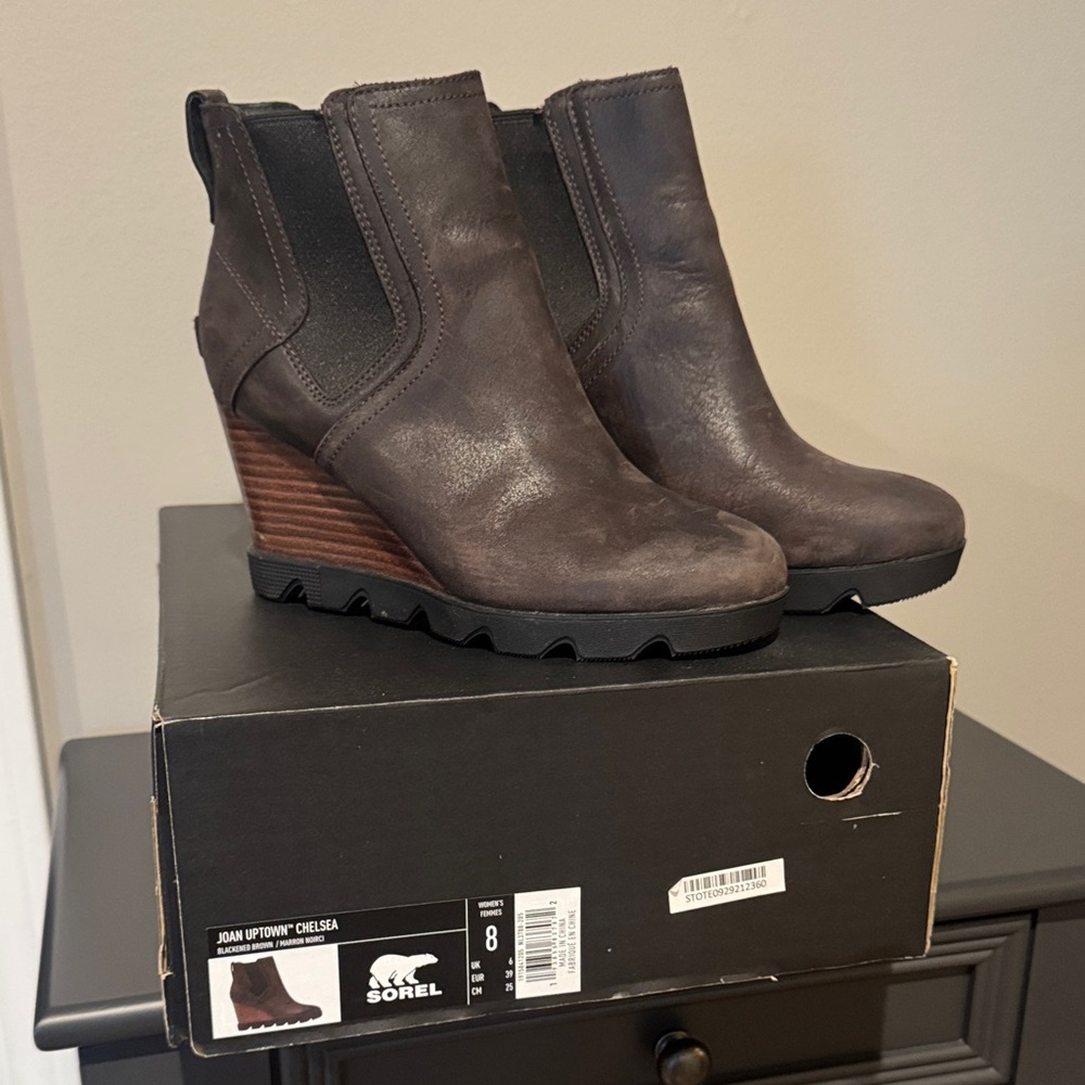 Sorel Women's Dark Brown Wedge Boots Joan Uptown Chelsea